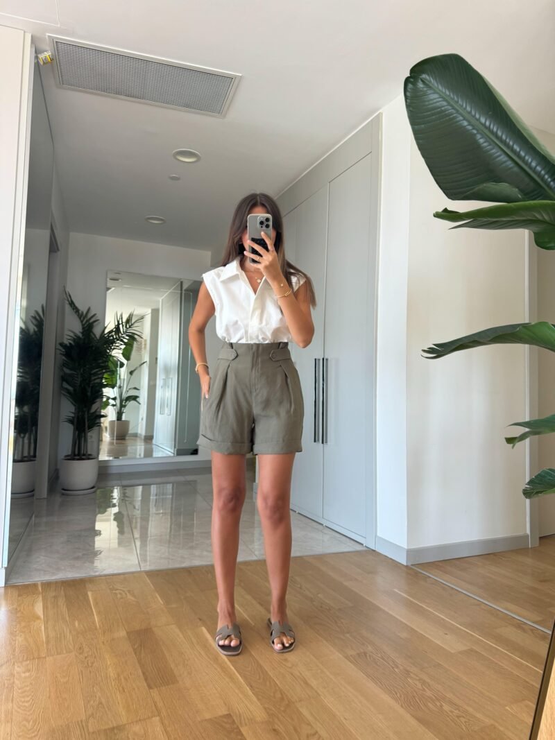 Tencel Shorts with Button Detail Waist - Khaki