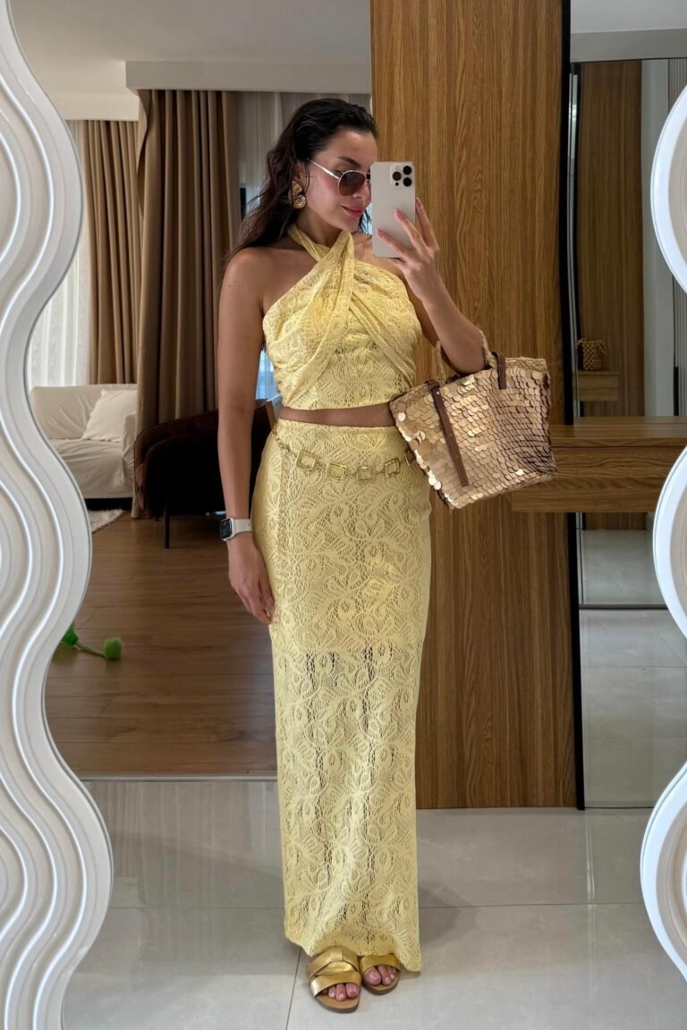 Antonio Yellow Lace Halter Neck Suit