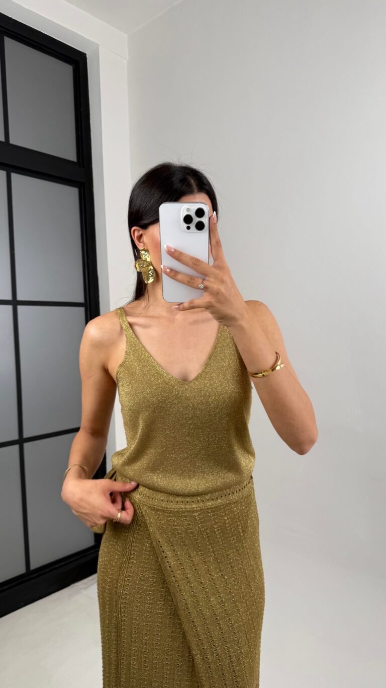 Gold Glittery Strappy Knitted Tank Top