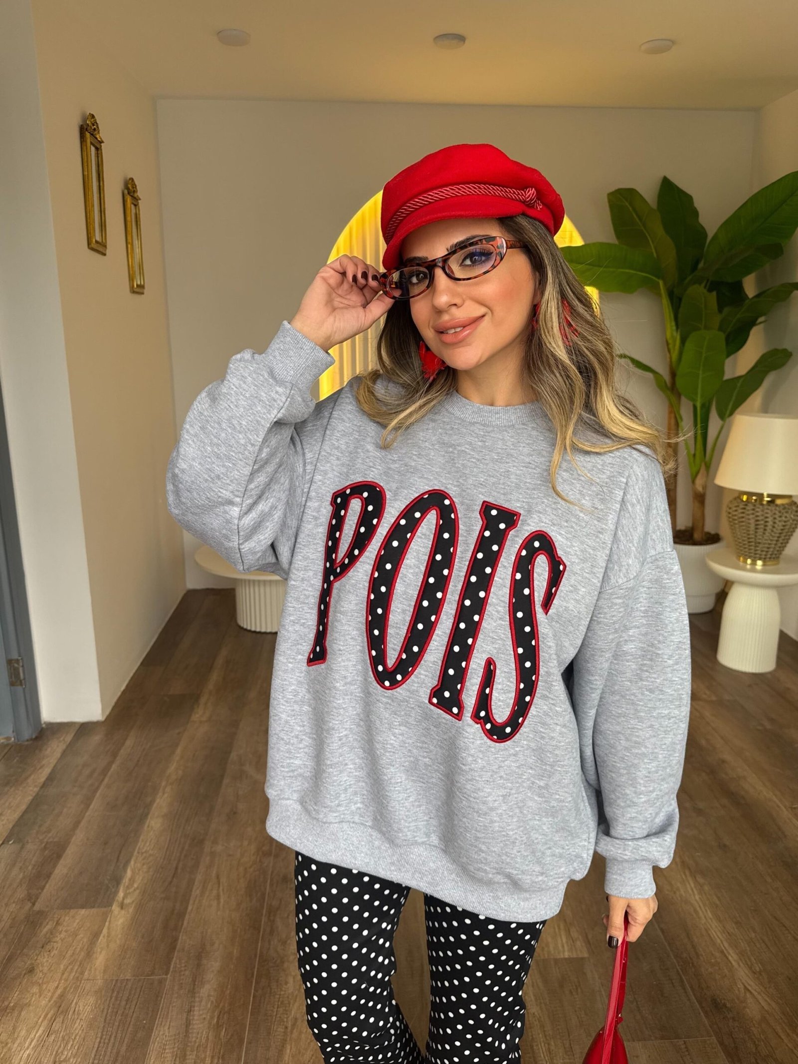 Gray Pois Text Print Sweatshirt - Image 2