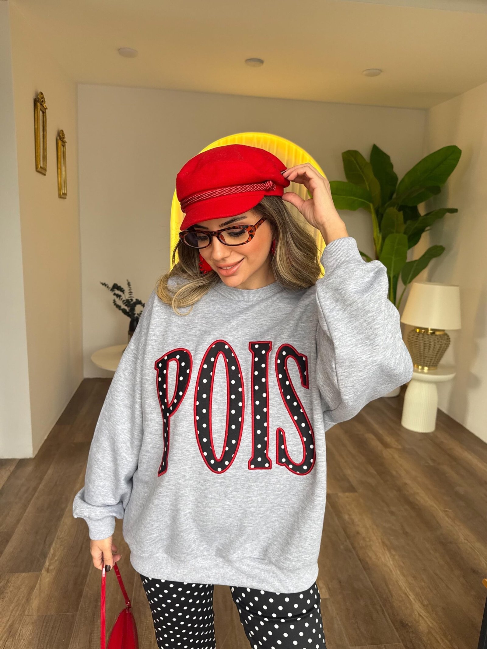 Gray Pois Text Print Sweatshirt - Image 3