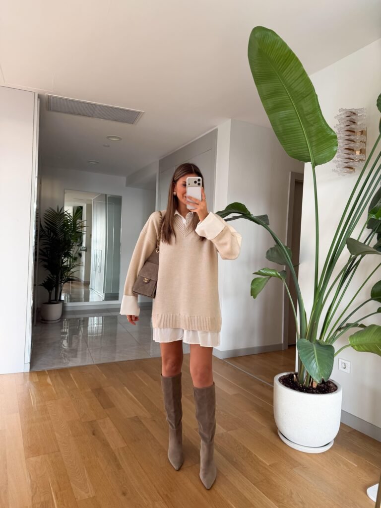 Ecru shirt detail knitted dress