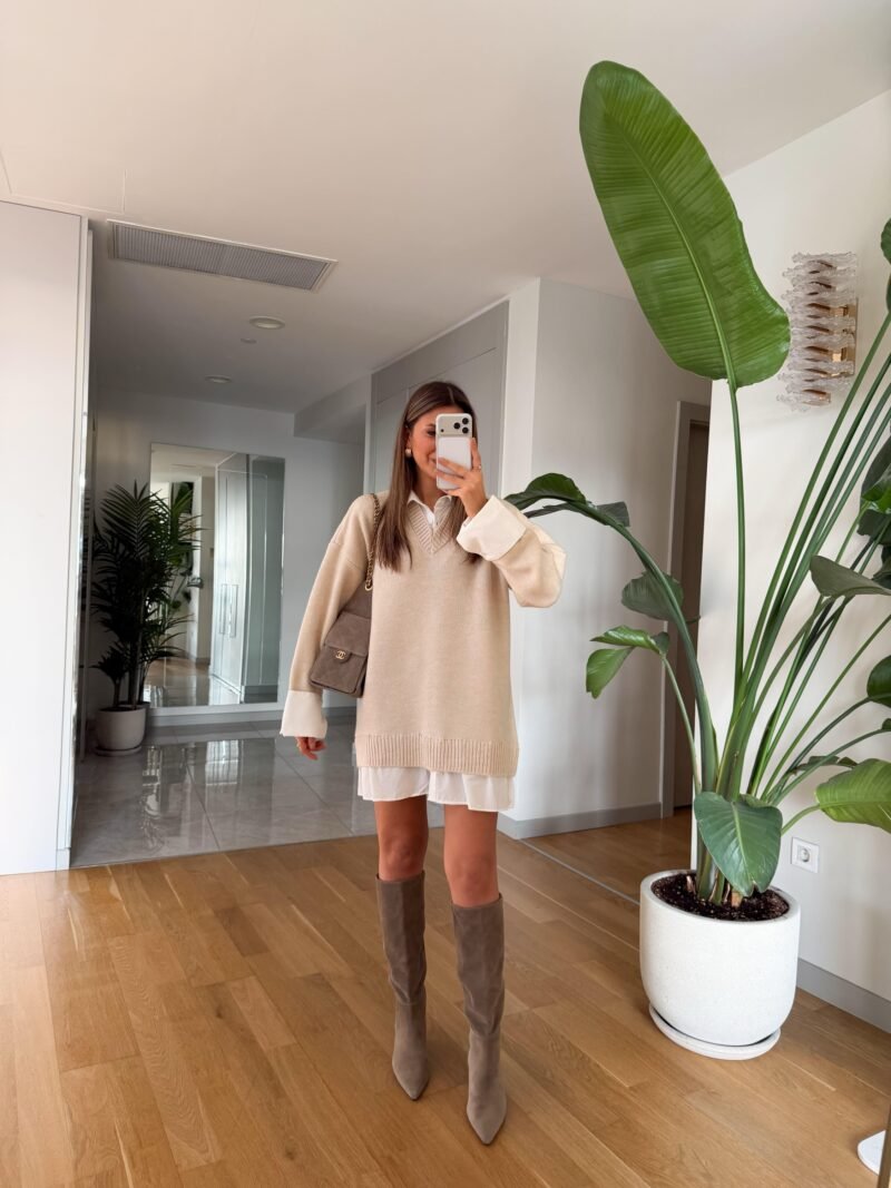 Ecru shirt detail knitted dress