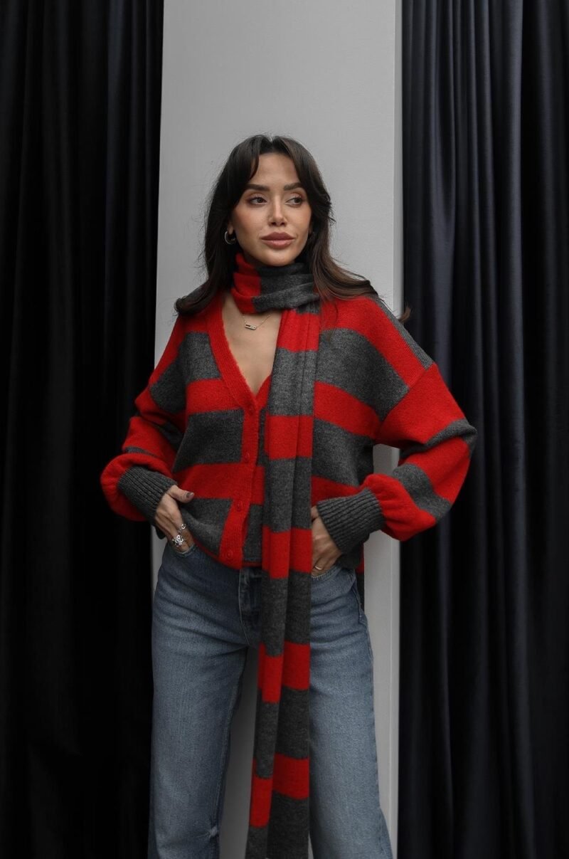 RED SCARF STRIPED V-NECK CARDIGAN