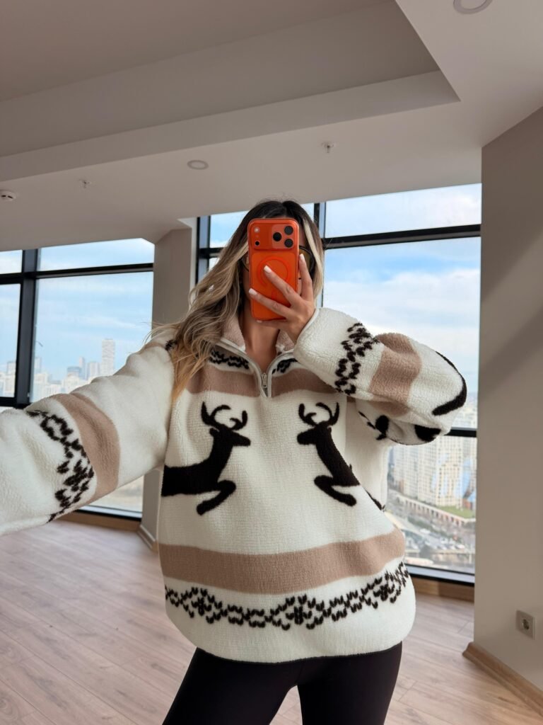 Plush Teddy Reindeer Patterned Sweater