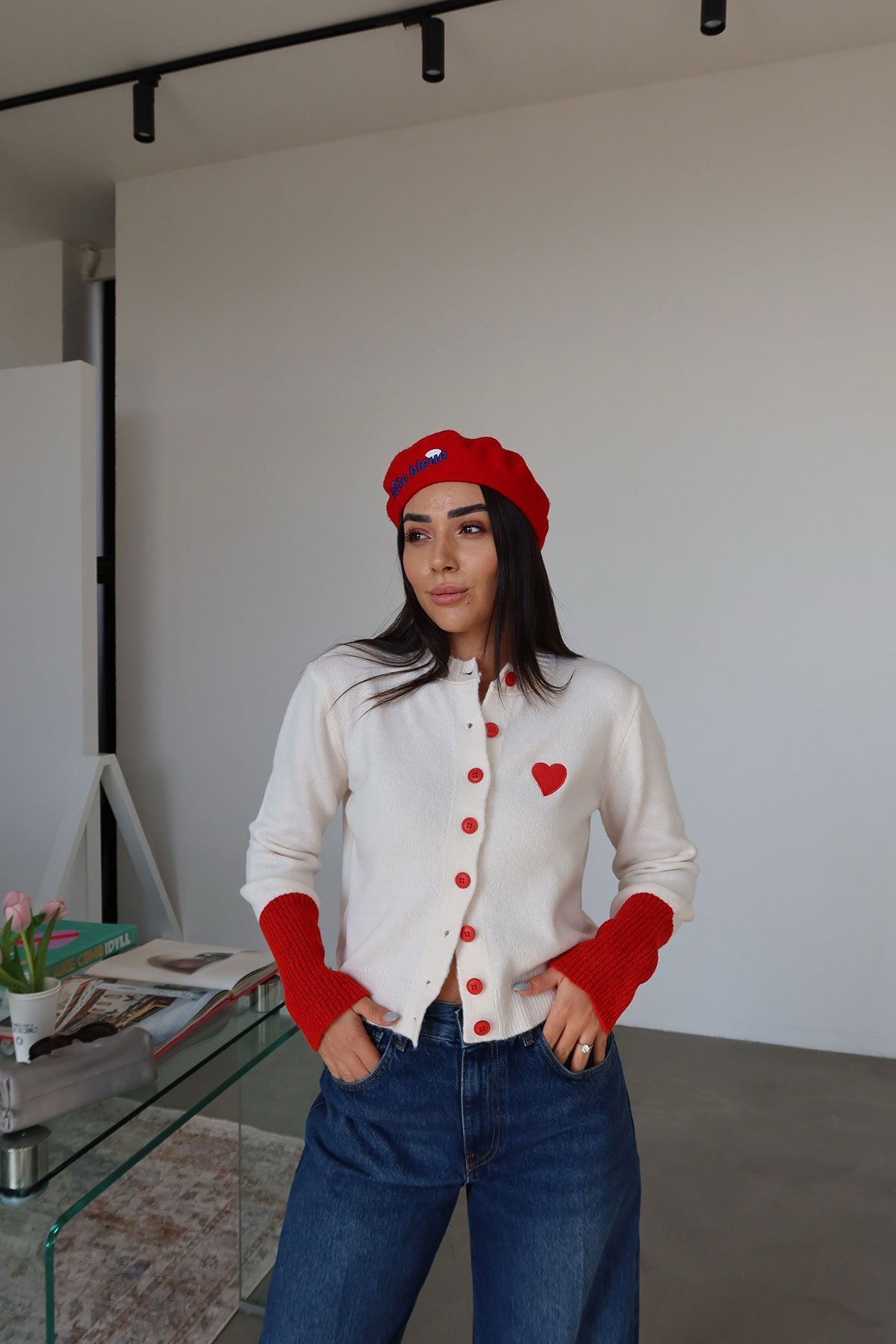 Crew Neck Cardigan Heart Embroidery - Image 3