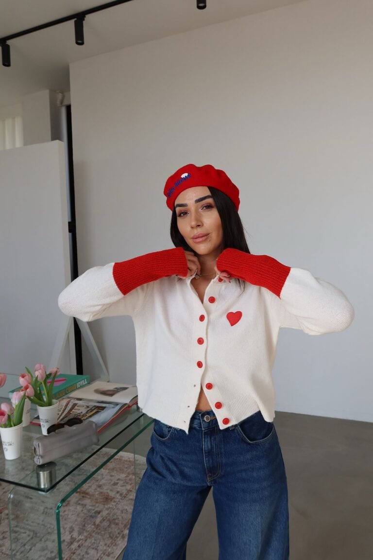 Crew Neck Cardigan Heart Embroidery