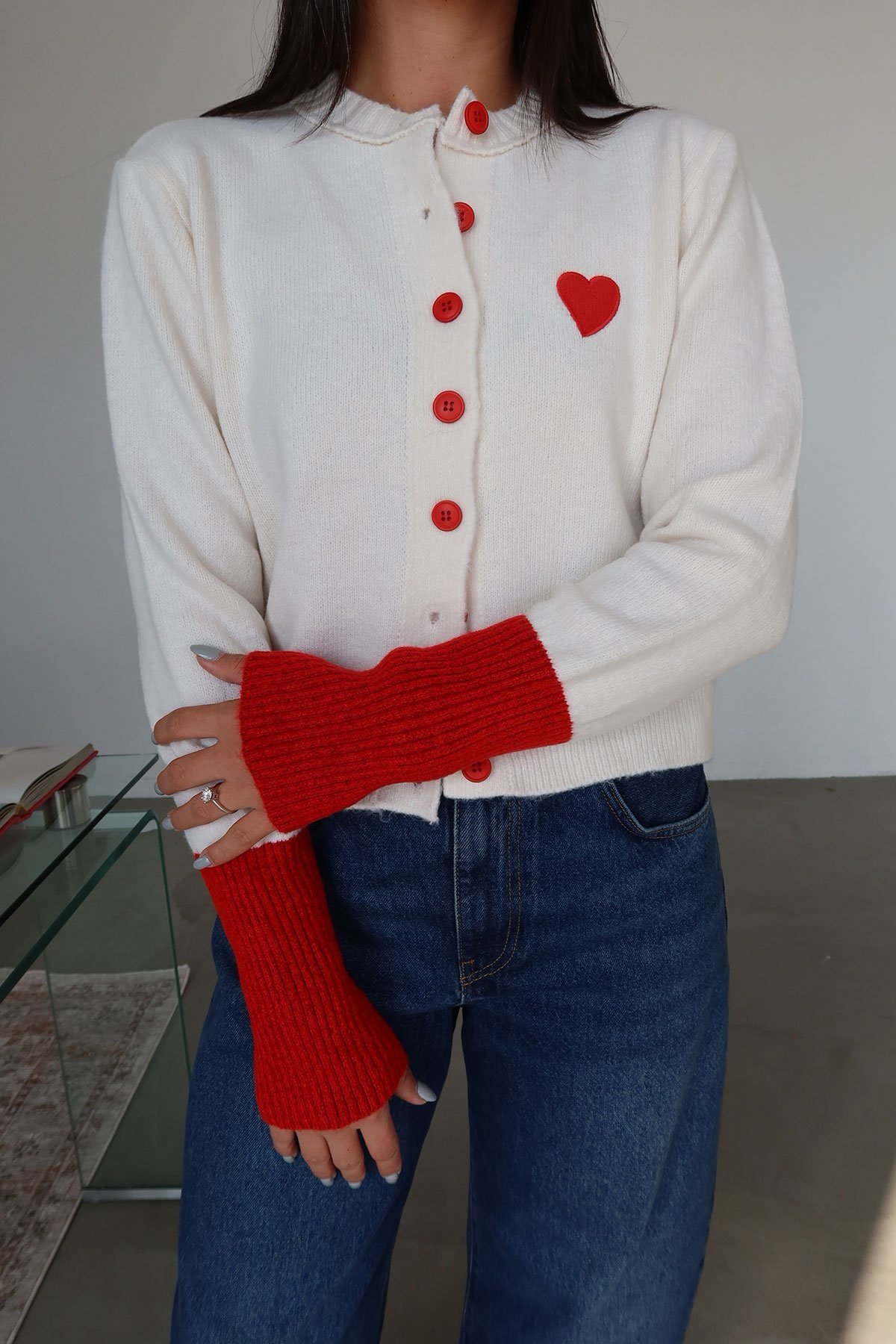 Crew Neck Cardigan Heart Embroidery - Image 5