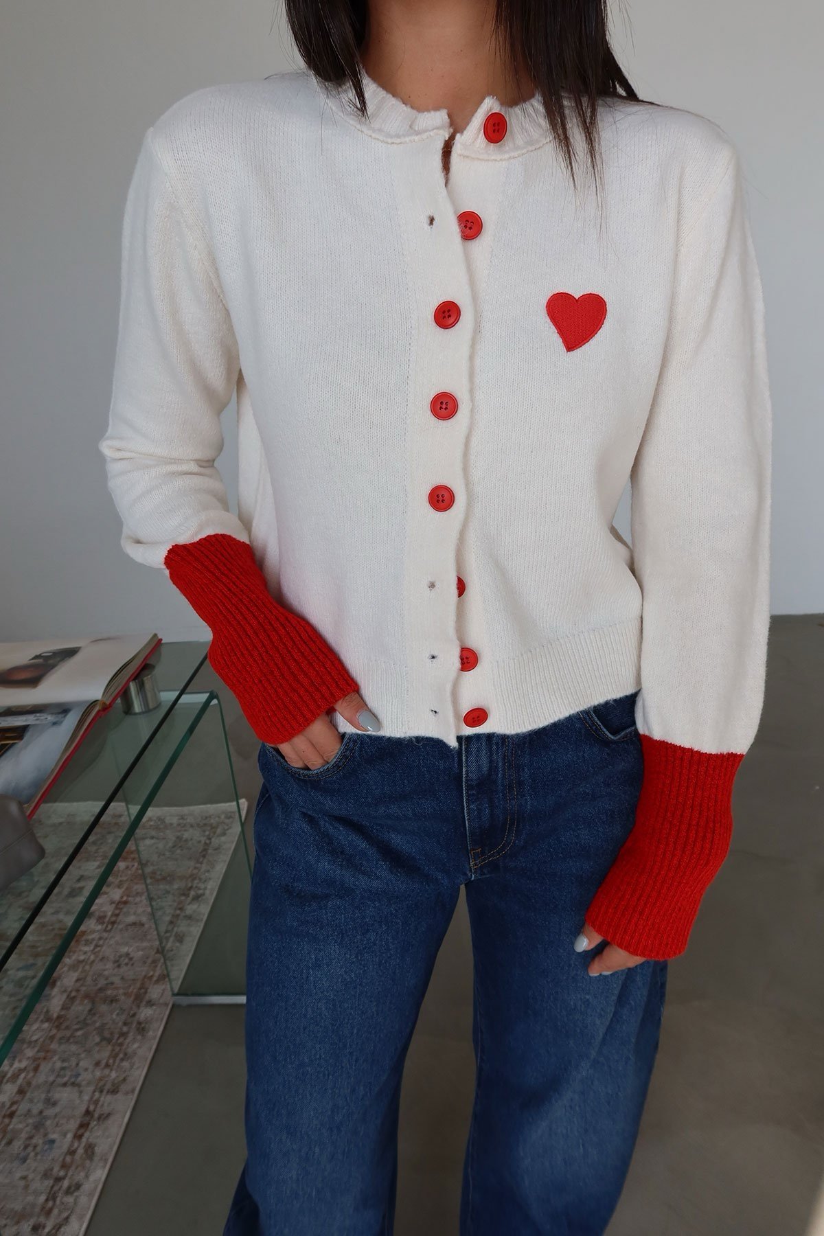 Crew Neck Cardigan Heart Embroidery - Image 4
