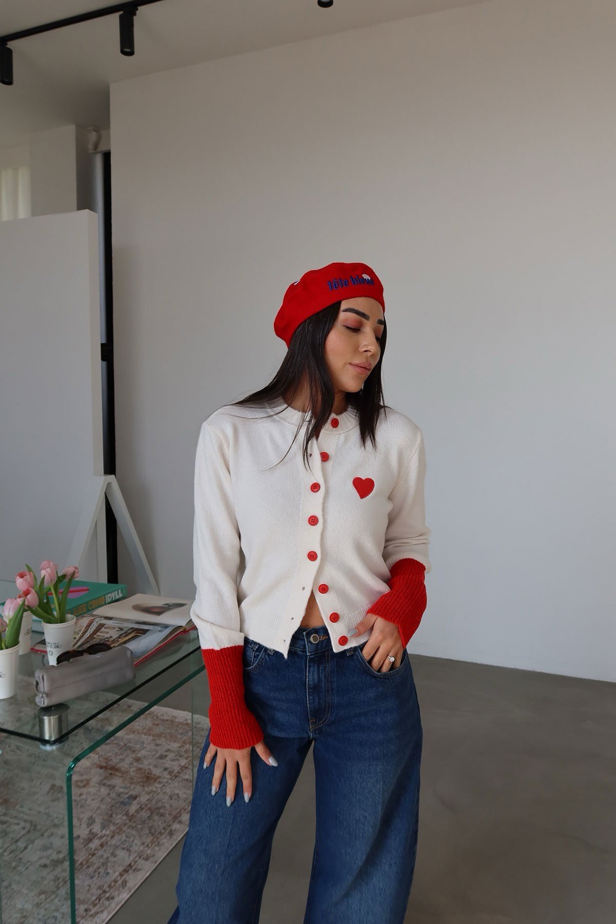 Crew Neck Cardigan Heart Embroidery - Image 2