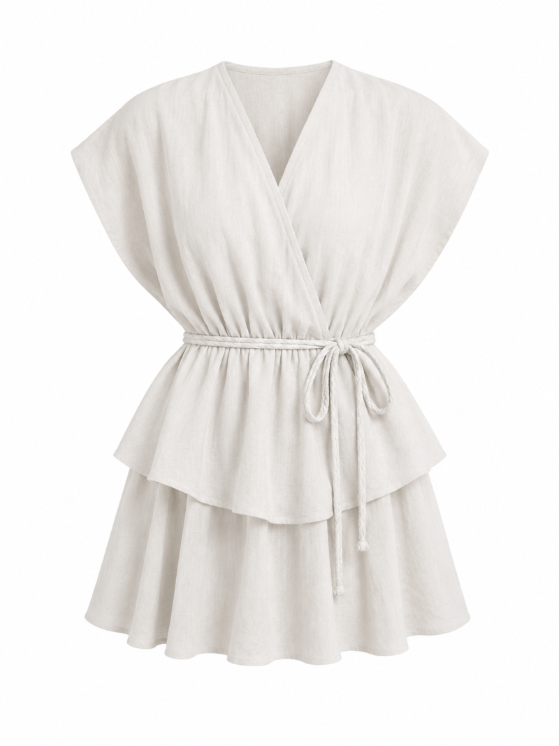 KNITTED BELT PLEATED LINEN DRESS