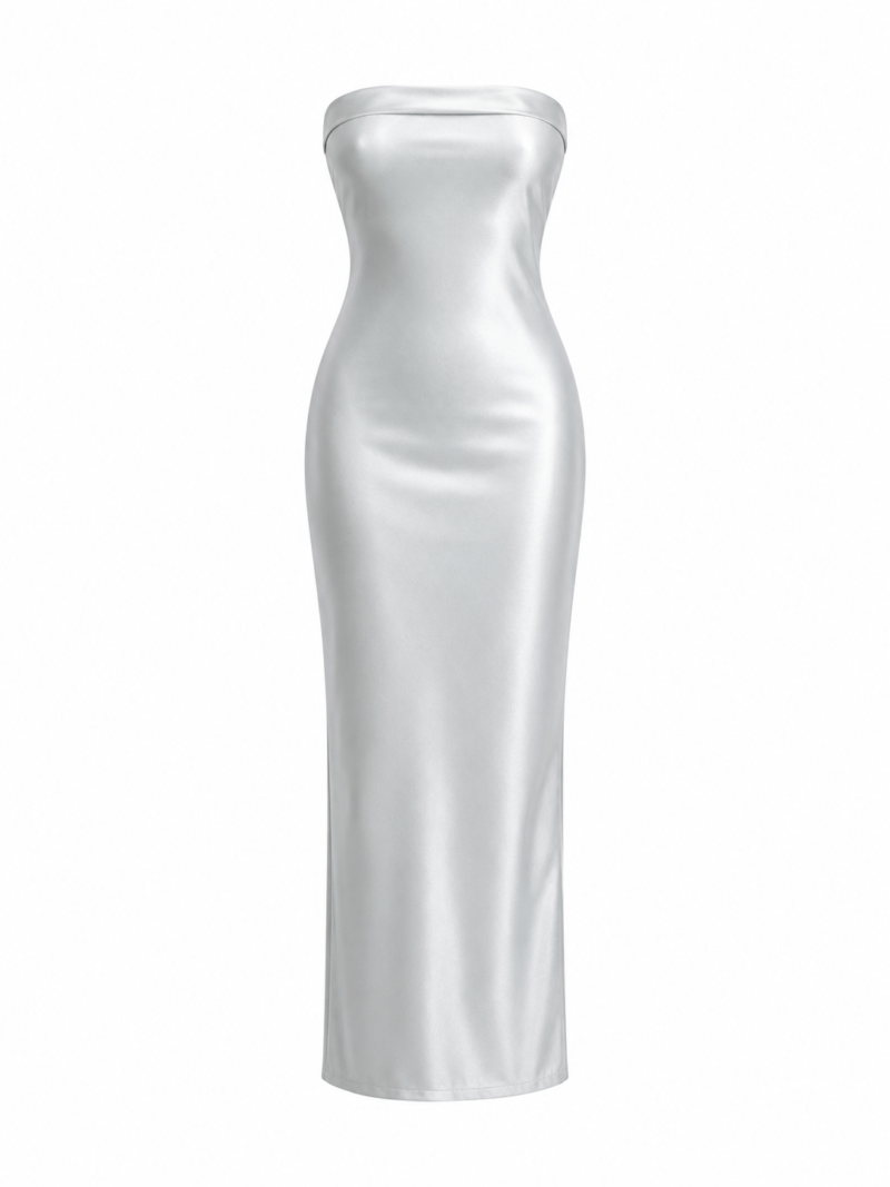 GRAY SHINY STRAPLESS LONG DRESS