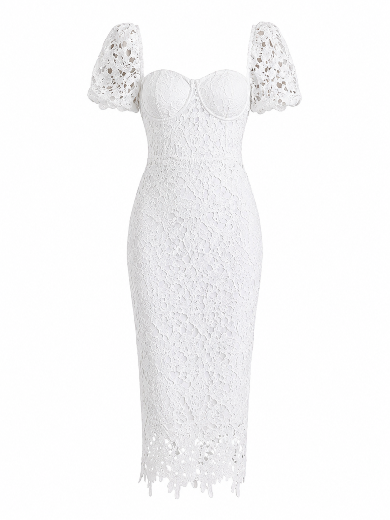 WHITE LOW-CUT LACE DESIGN DRESS