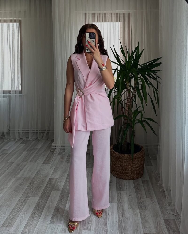 Pink Buckle Detail Vest and Trousers Set