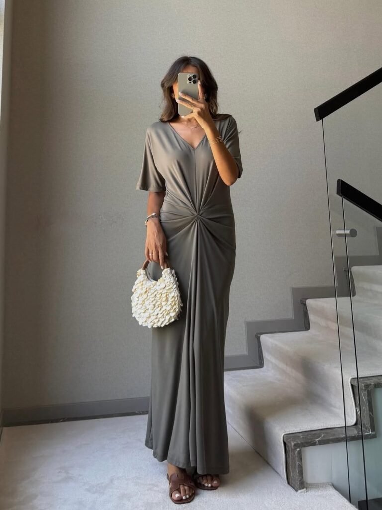 KHAKI DRESS WITH FRONT RUFFLE DETAIL