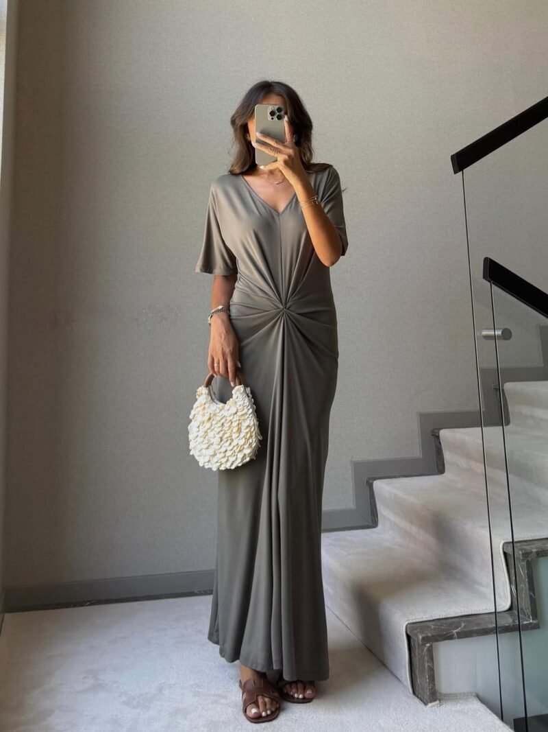 KHAKI DRESS WITH FRONT RUFFLE DETAIL