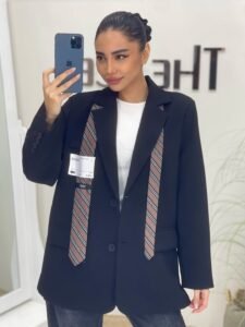 Balenciaga brand tie detail navy oversize blazer