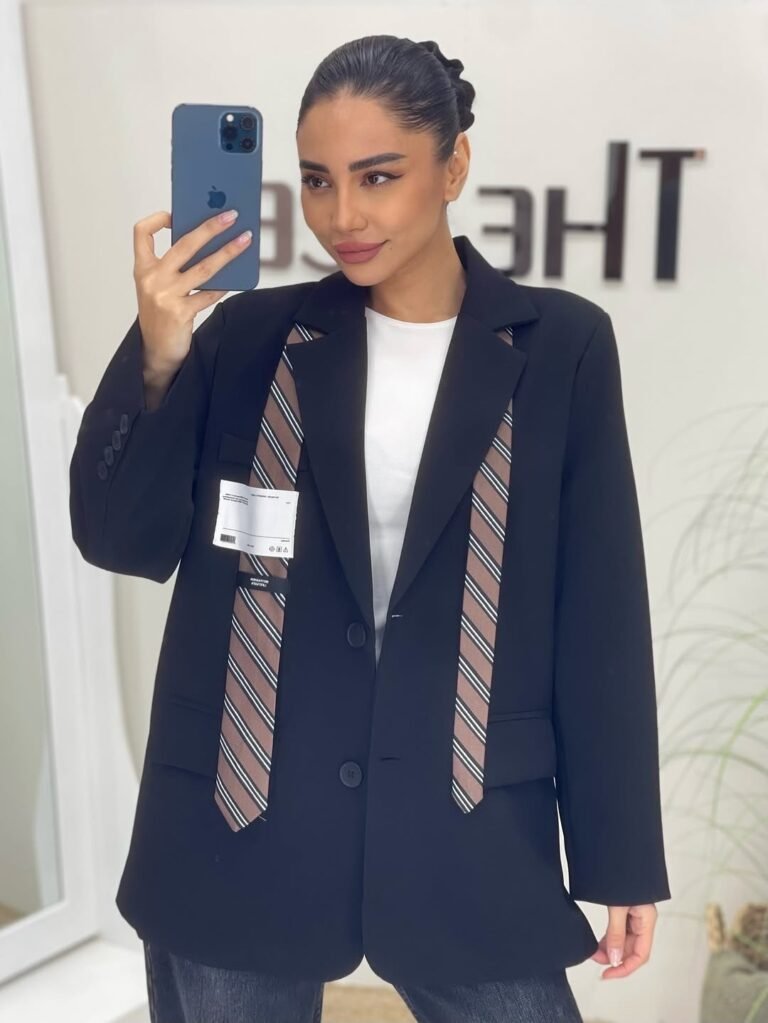 Balenciaga brand tie detail navy oversize blazer