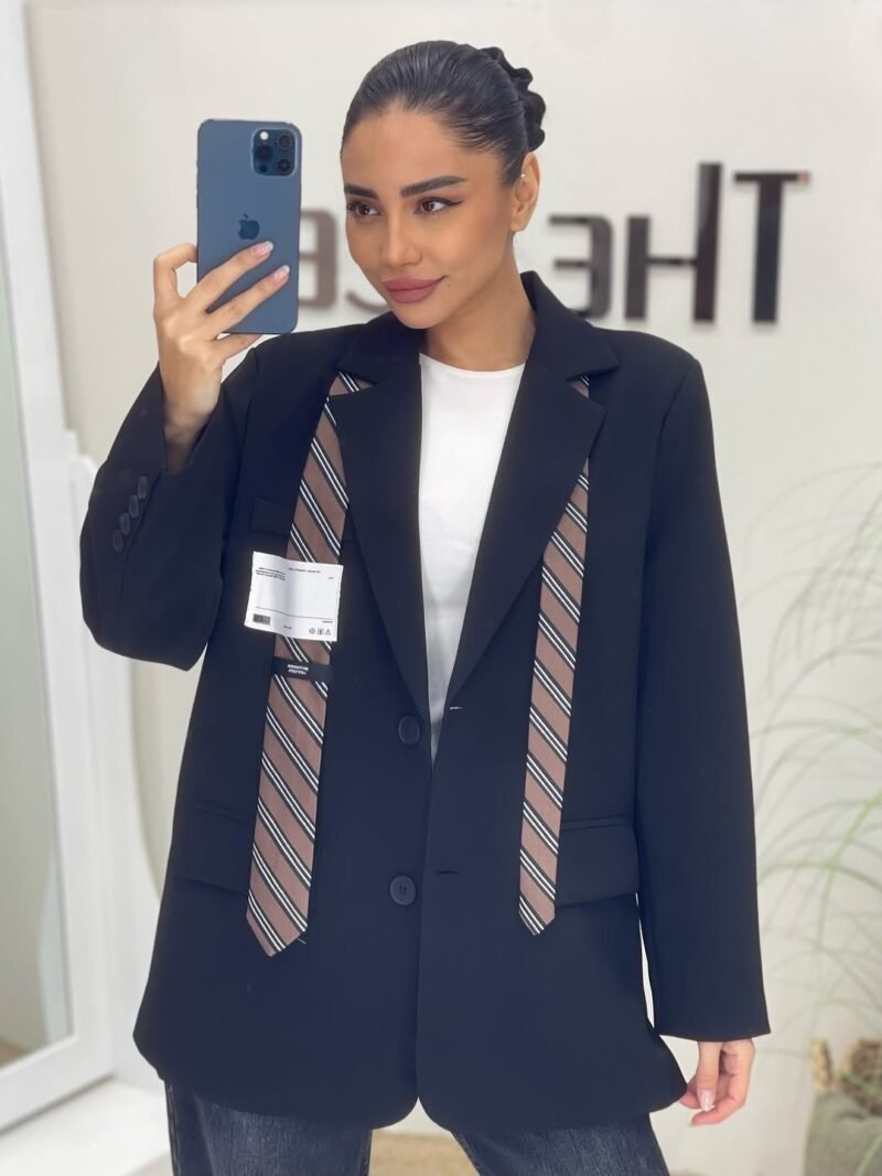 Balenciaga brand tie detail navy oversize blazer