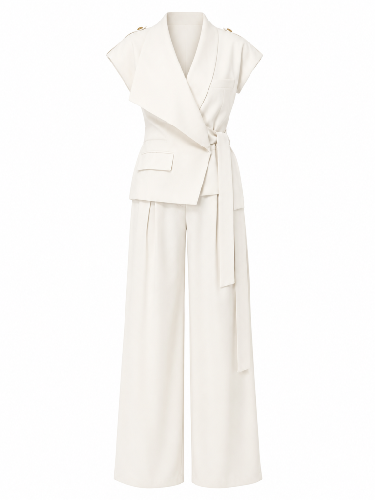 Padded Vest and Belted Trousers Set, Ecru