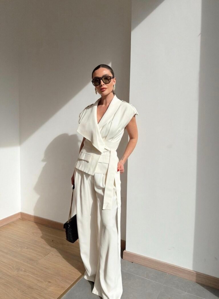 Padded Vest and Belted Trousers Set, Ecru