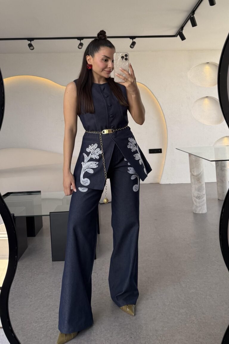 Navy Embroidered Denim Set