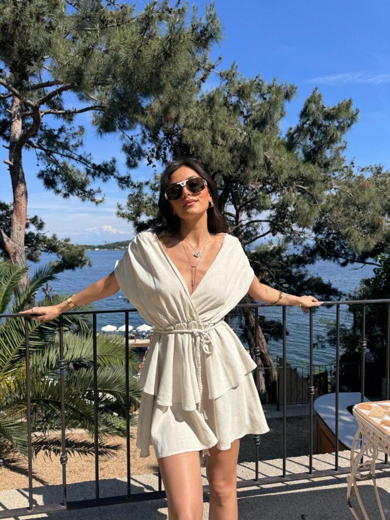 KNITTED BELT PLEATED LINEN DRESS