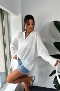 Premium Linen Textured Shirt with Tie Detail, White