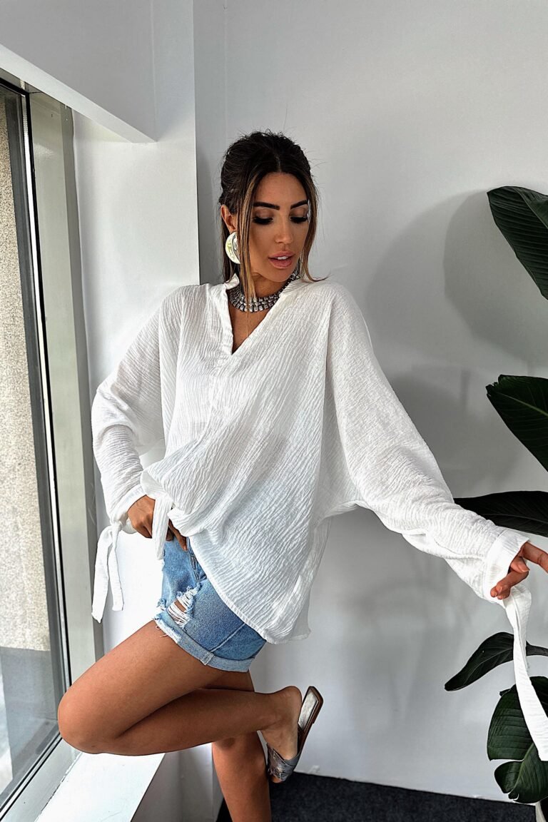 Premium Linen Textured Shirt with Tie Detail, White