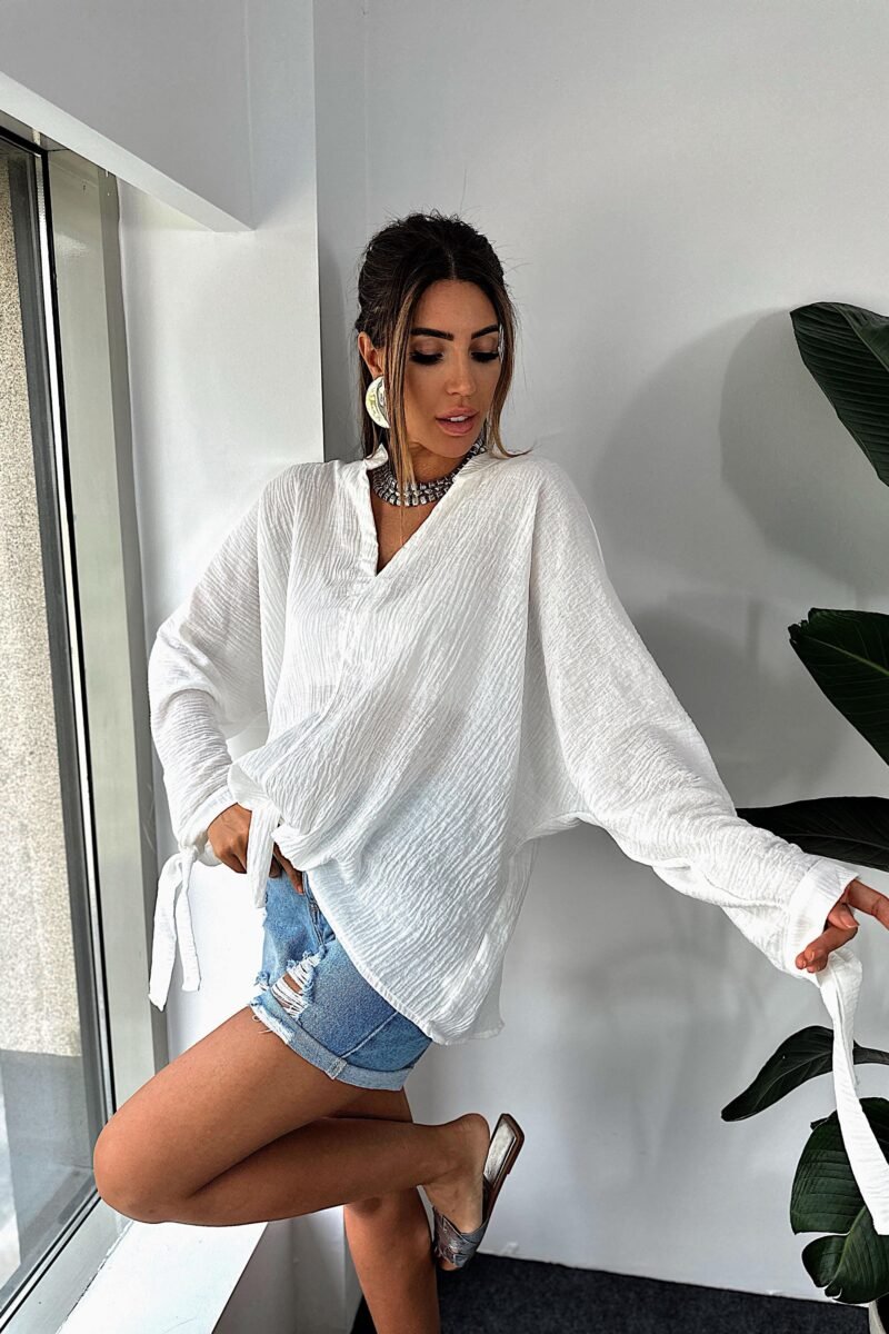 Premium Linen Textured Shirt with Tie Detail, White