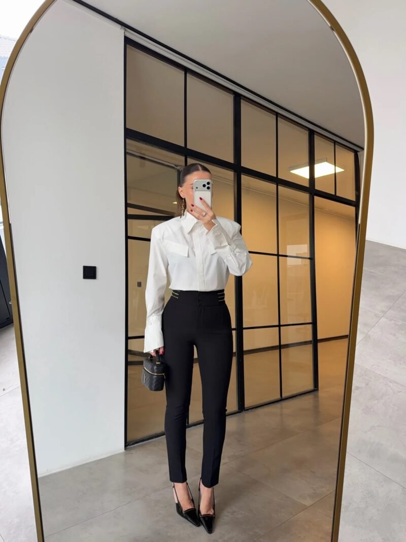 Tibon Black Waistband Three-Button Trousers with Gold Zipper Detail