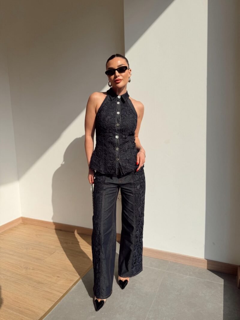 Lace Detail Jeans pantalon with vest -Navy Blue