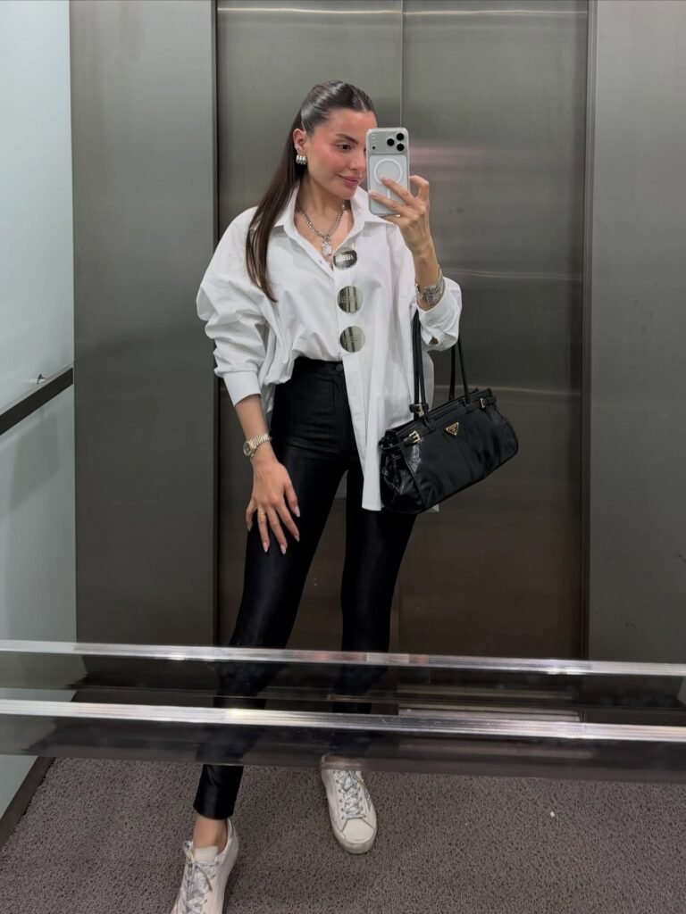 White Oversize Shirt with Silver Plate Button Detail