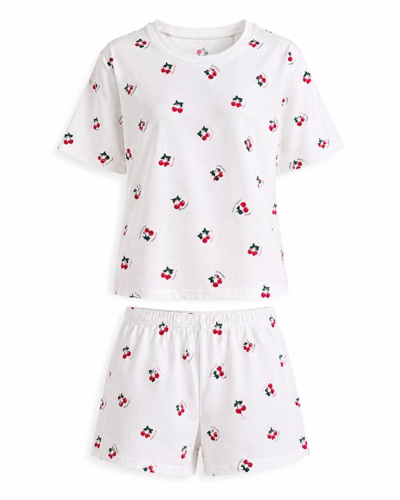 White Cherry Patterned Shorts Pajama Set
