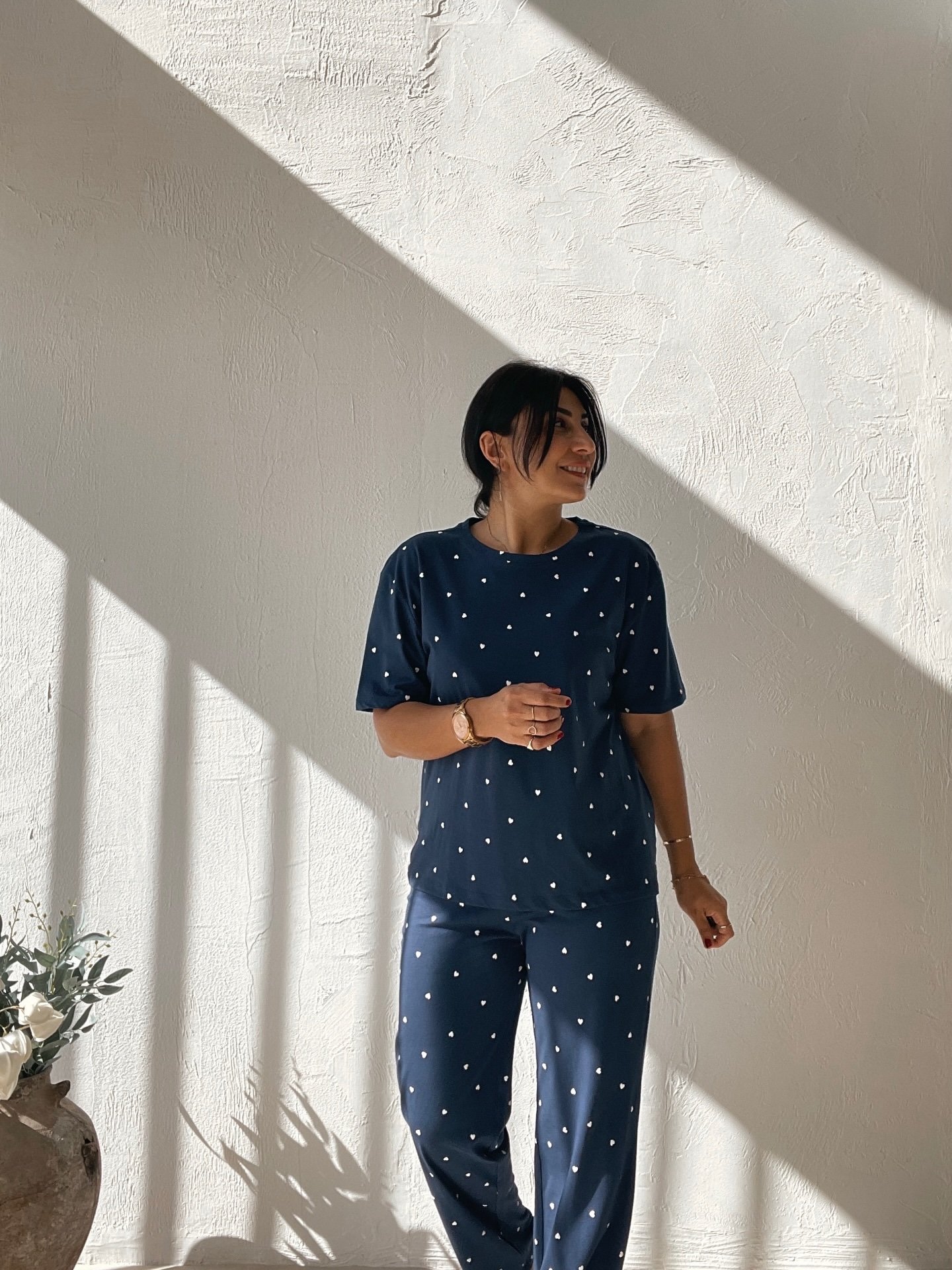 Navy Blue Pajama Set with Heart Pattern - Image 3