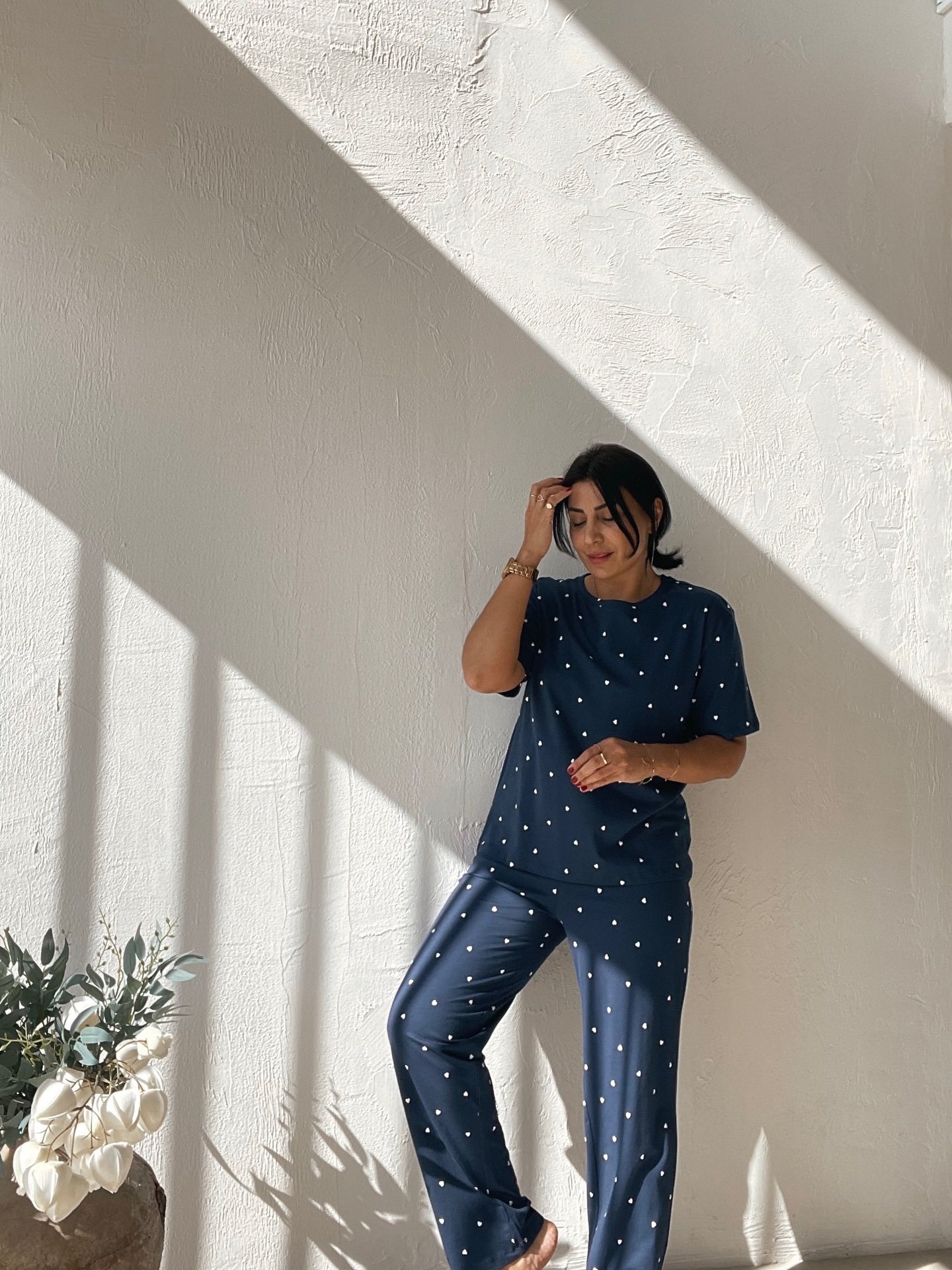 Navy Blue Pajama Set with Heart Pattern - Image 2