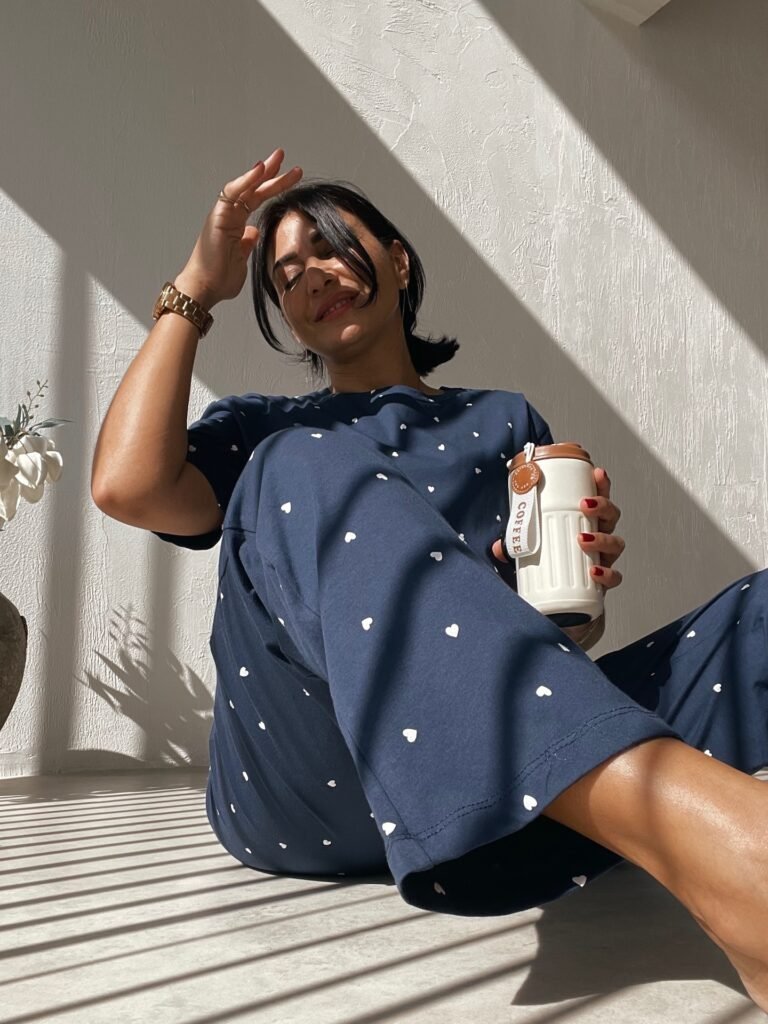 Navy Blue Pajama Set with Heart Pattern