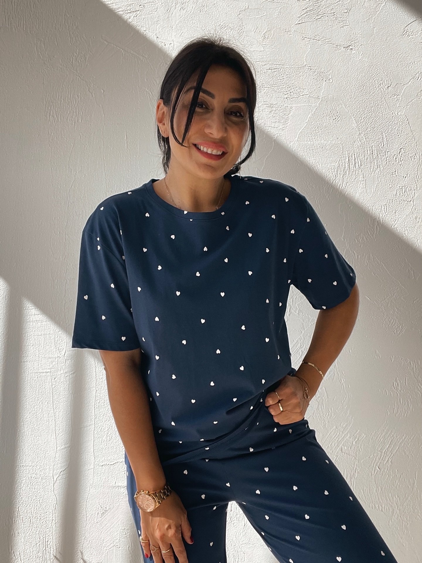 Navy Blue Pajama Set with Heart Pattern - Image 4