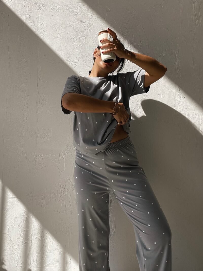 Heart Patterned Gray Pajama Set
