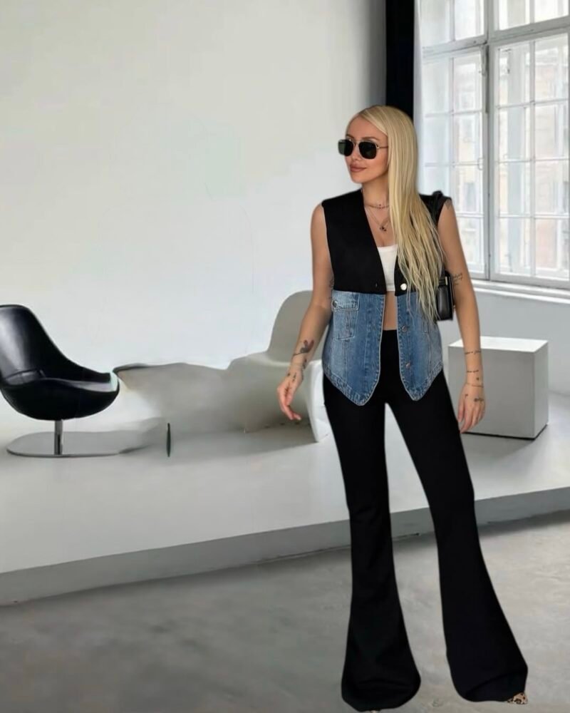 Black Spanish-style wide-leg Lycra belted trousers