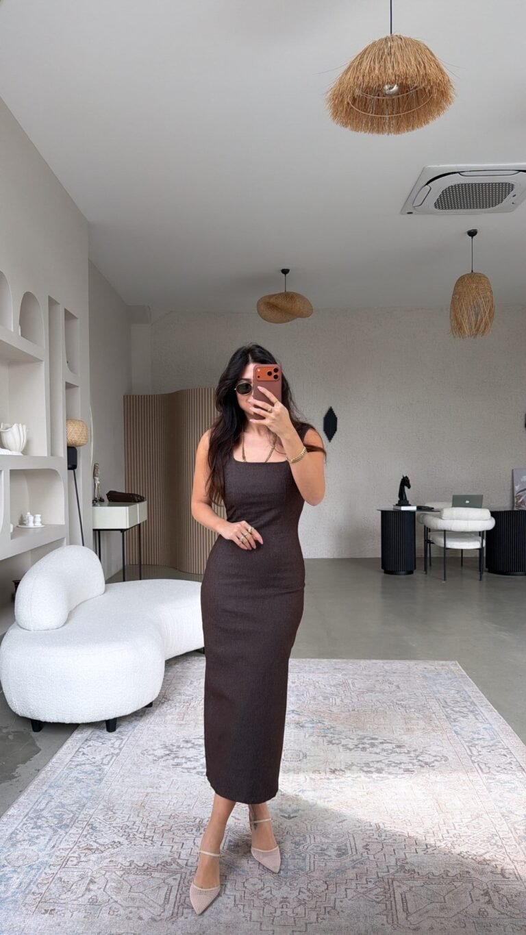 Long Square Neck Pencil Dress- brown