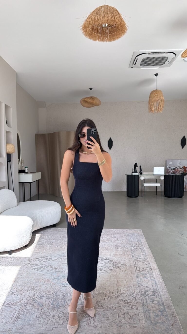 Denim Long Square Neck Pencil Dress