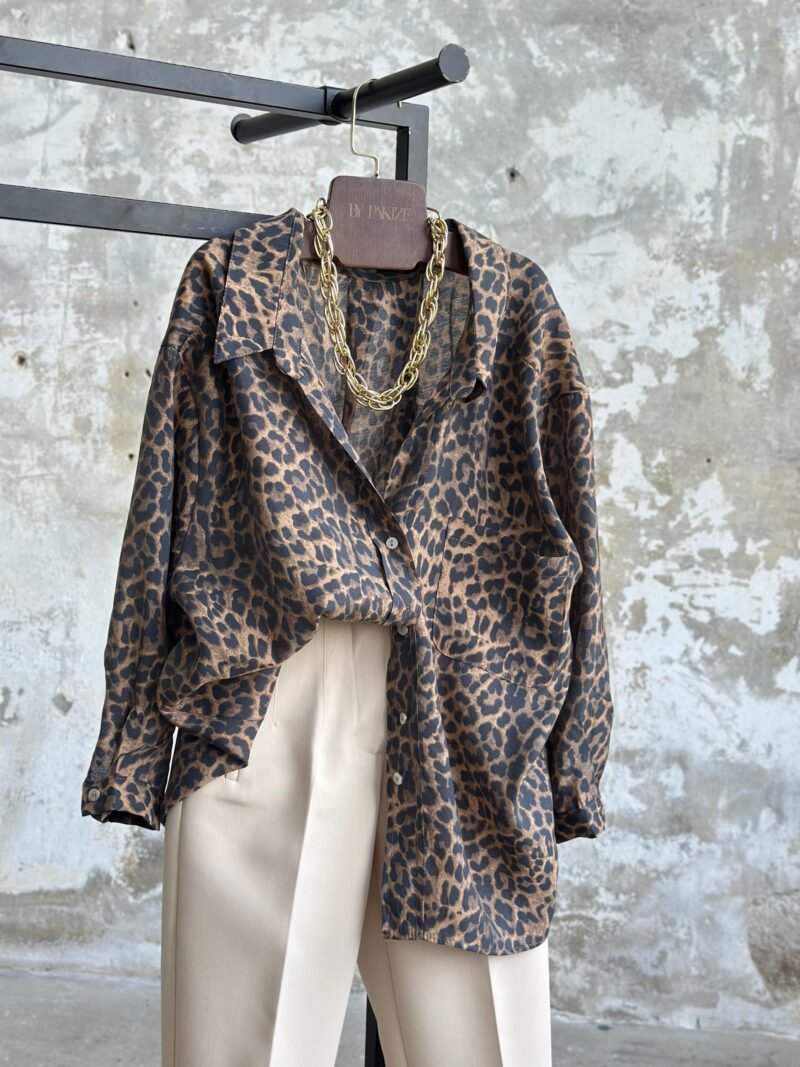 Dropped Shoulder Oversize Leopard Print Shirt (Brown)