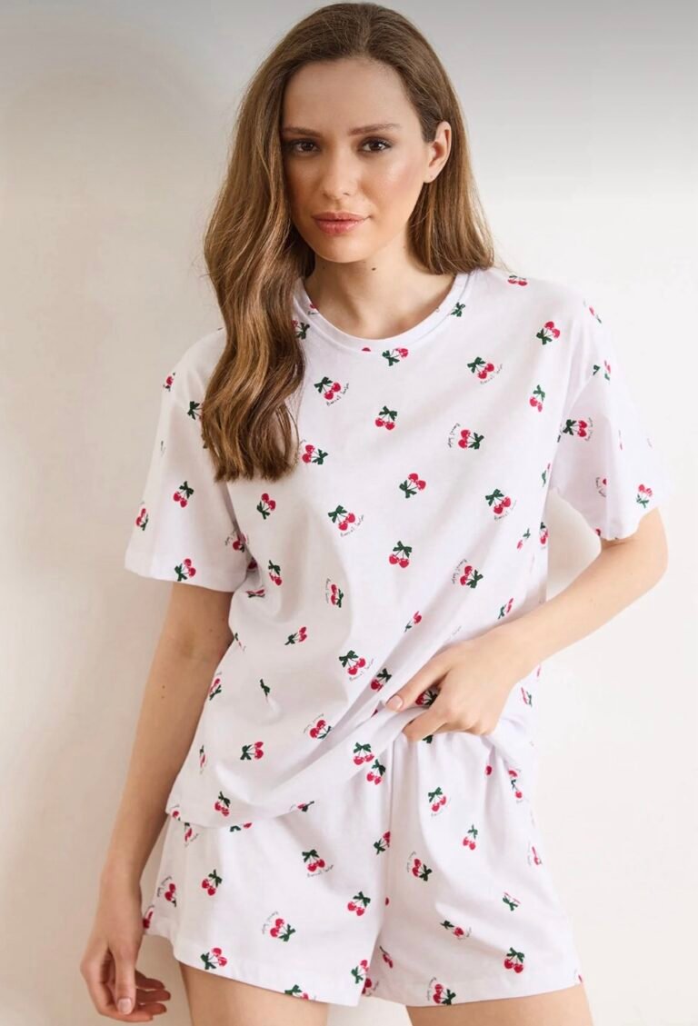 White Cherry Patterned Shorts Pajama Set