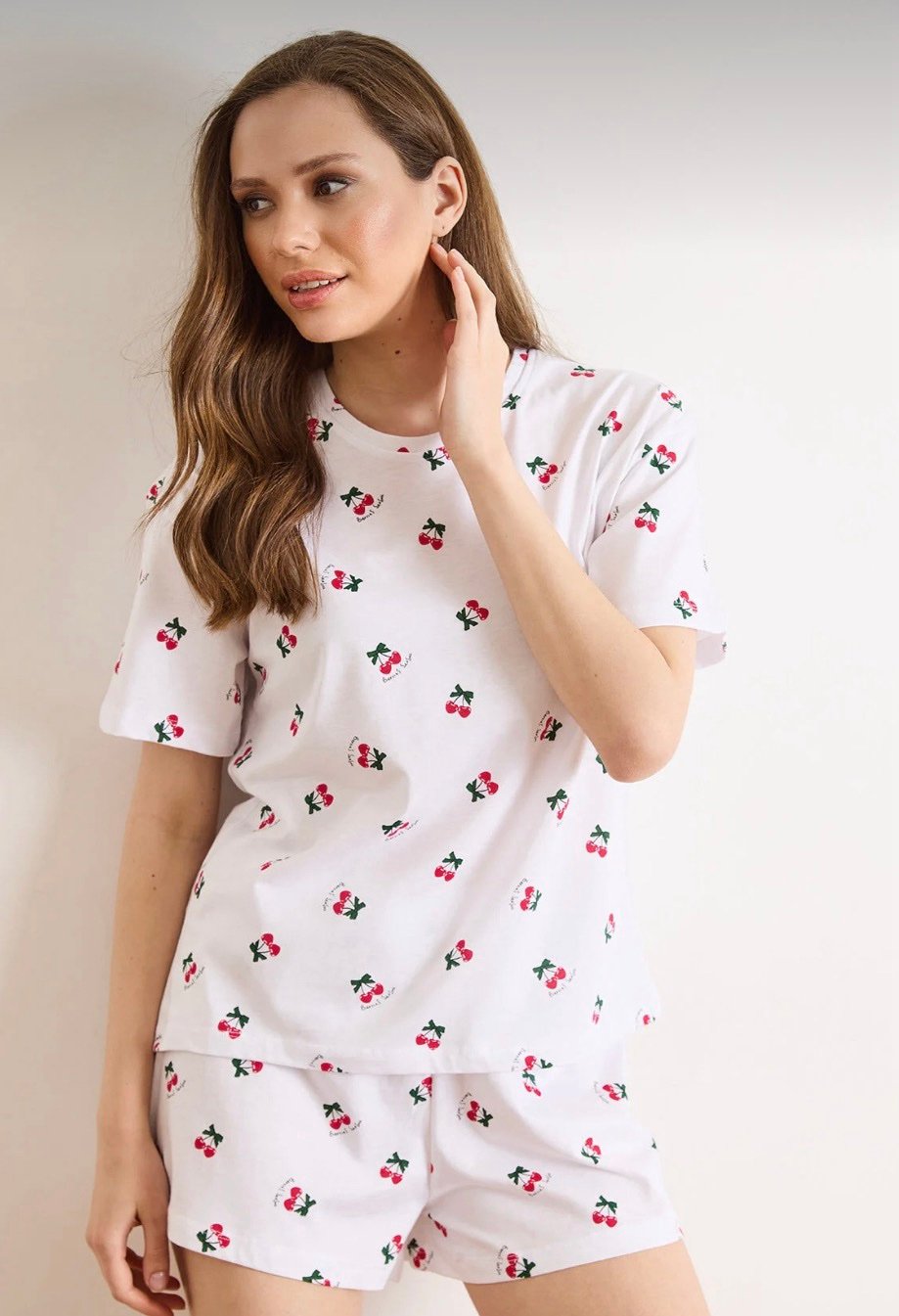 White Cherry Patterned Shorts Pajama Set - Image 2