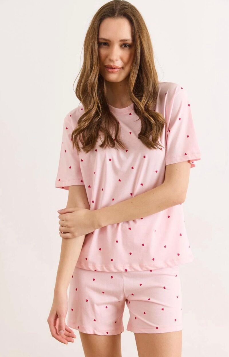 Powder pink Heart Patterned Shorts Pajama Set