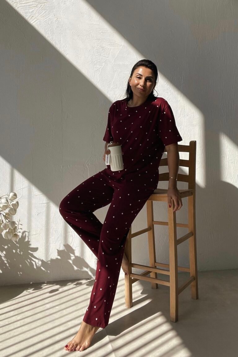 Heart Patterned Cherry Red Pajama Set