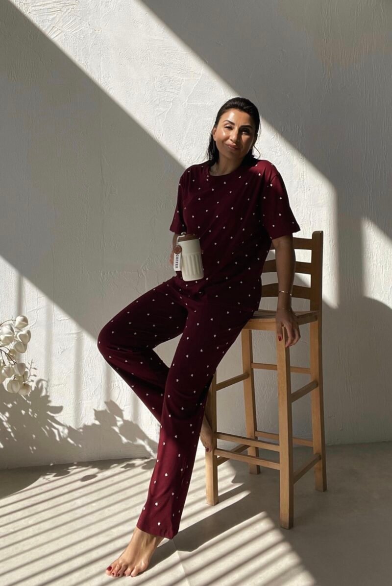 Heart Patterned Cherry Red Pajama Set