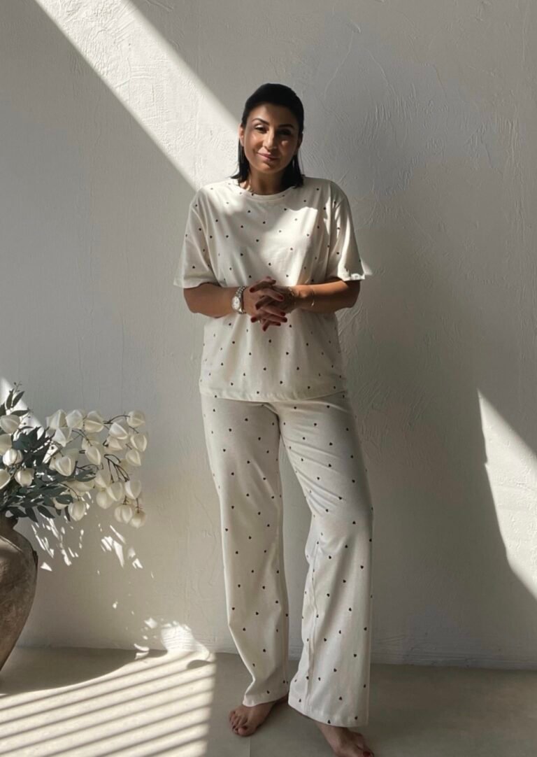 Cream-Colored Pajama Set with Heart Pattern