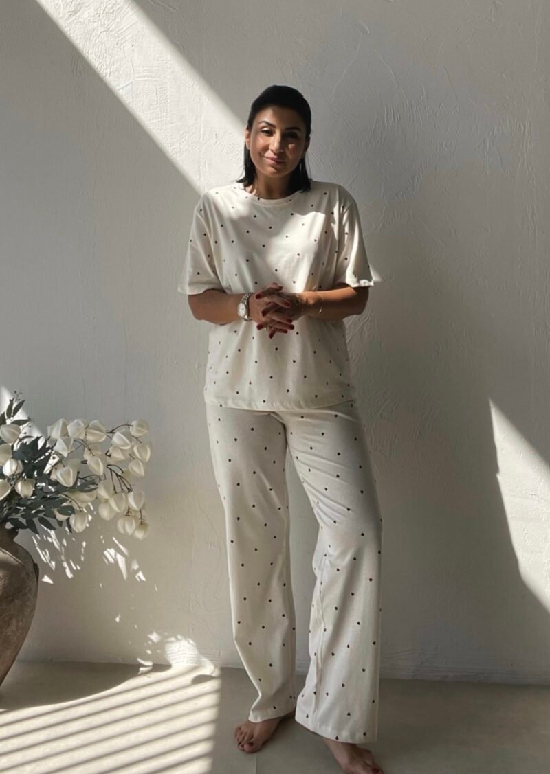 Cream-Colored Pajama Set with Heart Pattern
